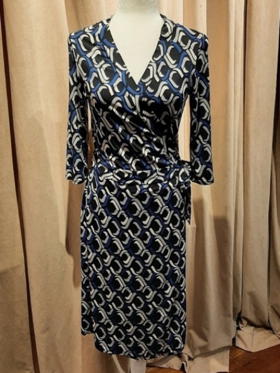 Bisou Bisou Dresses & Skirts - Bisou Bisou Knit Wrap Dress, Black Blue White, Long Sleeve, Tie at Waist, Sz 4